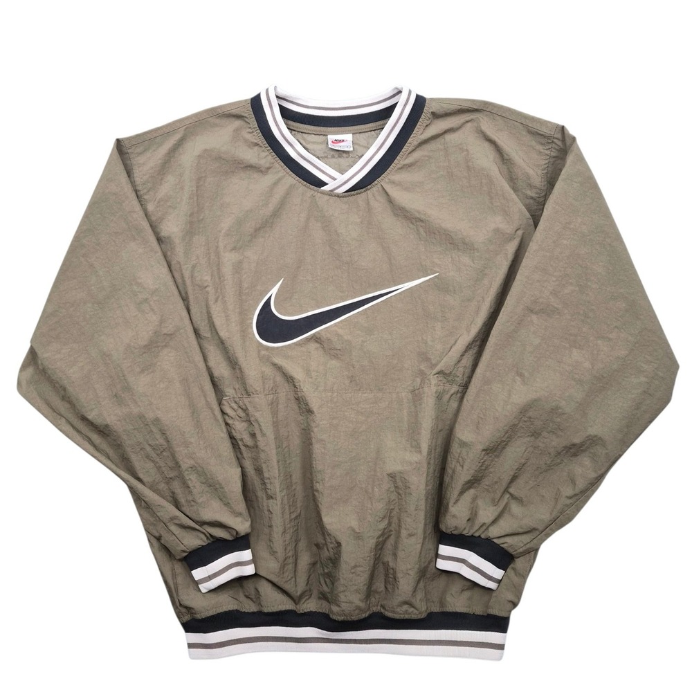 Vintage Nike V-Neck Windbreaker Pullover Olive Green Swoosh Mens Large